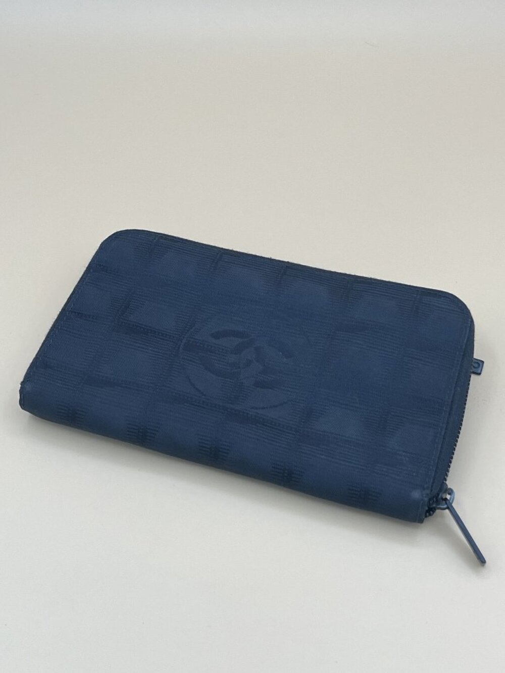 Chanel Black Checkered Canvas Zipper Wallet With CC Logo Design
